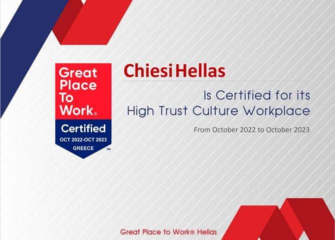Η βιοφαρμακευτική εταιρεία Chiesi Hellas πιστοποιήθηκε από το Great Place to Work® Hellas για το 2022 σε αναγνώριση του εξαιρετικού εργασιακού της περιβάλλοντος, που στηρίζεται στην αμοιβαία εμπιστοσύνη και στον αλληλοσεβασμό.