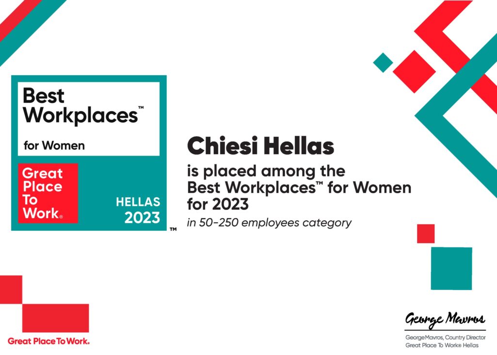 Η Chiesi Hellas συμπεριλαμβάνεται στη λίστα του Great Place to Work® Best WorkplacesTM for Women Hellas 2023 σε συνέχεια της συμμετοχής της στην ετήσια έρευνα εργασιακού περιβάλλοντος Trust Index© και της Πιστοποίησής της από τον οργανισμό Great Place to Work® Hellas.
